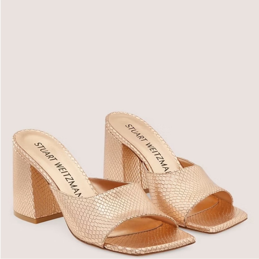 Stuart Weitzman Tia 85 Flareblock Slide/Sandal 
Color Ballet, size 8.5